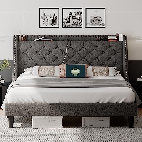 Feonase King Size Bed Frame with Type-C & USB Charging Station, Upholstered Platform Bed Frame with Huge Wingback & Storage Headboard, Solid Wood Slats, No Box Spring Needed, Easy Assemble, Dark Gray