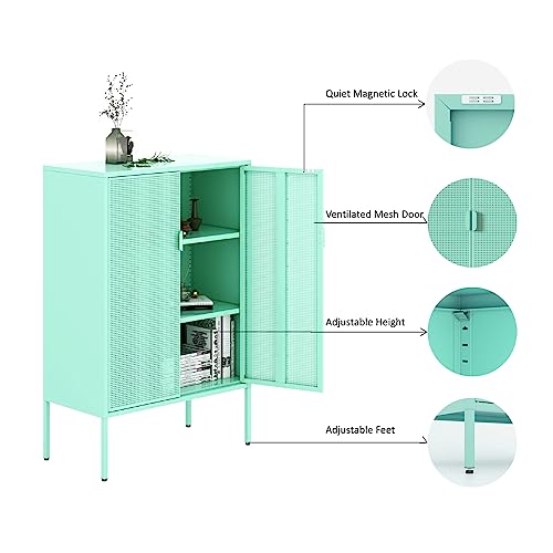 COFaR Mint Green Metal Cabinet,Metal Locker Storage Cabinet with Doors and Shelves,Multipurpose Storage Rack,3-Tier Office Cabinet,Metal Storage Cabinet for Home Office