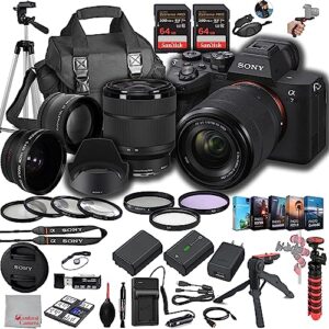 sony a7 iv mirrorless digital camera 33mp w/ 28-70mmmm lens, 128gb extreem speed memory,.43 wide & 2x lenses, case. tripod, filters, hood, grip,spare battery & charger, software kit -deluxe bundle