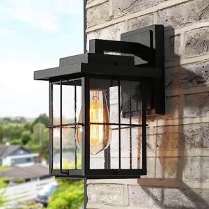 black outdoor wall lights, farmhouse exterior wall sconces light fixture with seeded glass, modern square waterproof lanterns for front door, entry, porch, patio, and gazebo