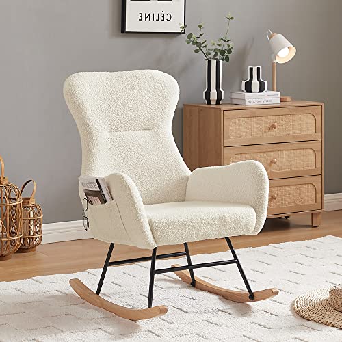 dotewe Nursery Rocking Chair,Upholstered Nursery Glider Rocker with High Backrest,Modern Rocking Chair Indoor for Living Room/Bedroom/Nursery (Cream White Teddy)