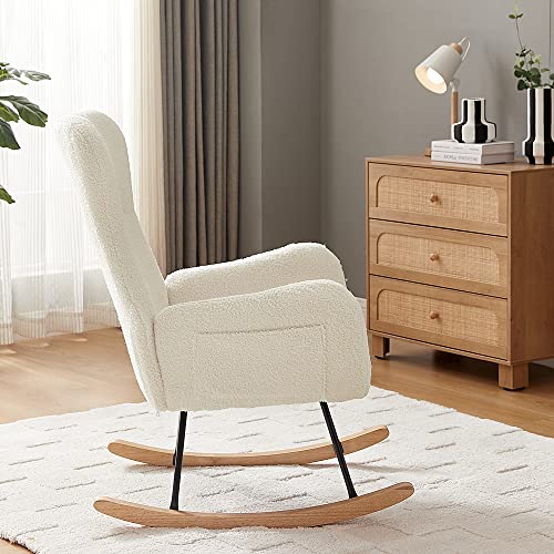 dotewe Nursery Rocking Chair,Upholstered Nursery Glider Rocker with High Backrest,Modern Rocking Chair Indoor for Living Room/Bedroom/Nursery (Cream White Teddy)