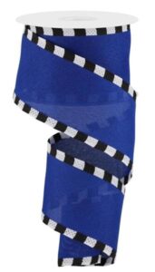 solid canvas ribbon with striped wired edge, 2.5" x 10 yards (royal blue, black, white)