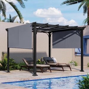gazebest 10' x 10' patio pergola with retractable canopy and weather-resistant steel frame, backyard sun shade canopy cover shelter for porch party, garden, grill gazebo,gray