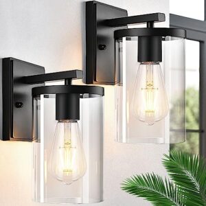 【Upgraded】 Outdoor Wall Lantern, Exterior Waterproof Wall Sconce Light Fixture, Matte Black Rustproof Porch Lights Wall Mounted Lighting with Clear Glass Shade & E26 Socket for Patio Garage, 2-Pack