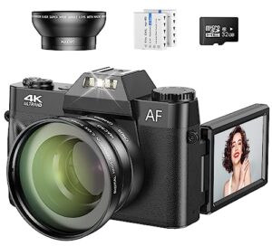 4k vlogging camera for youtube, 48mp digital camera for photography with 3”flip screen, 16x digital zoom and video autofocus anti-shake, wide angle lens, macro lens, 2 batteries, 32gb micro sd card