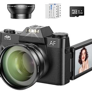 4K Vlogging Camera for YouTube, 48MP Digital Camera for Photography with 3”Flip Screen, 16x Digital Zoom and Video Autofocus Anti-Shake, Wide Angle Lens, Macro Lens, 2 Batteries, 32GB Micro SD Card