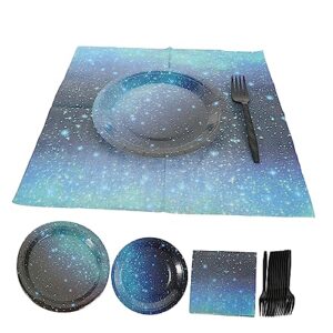 jojofuny 24 set space tablecloth kids dinnerware disposable paper plates party paper plate outer space party decorations star plates fork paper tray tableware tissue blue props child abs