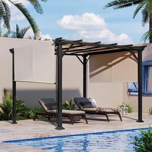 LATTOY 10x10FT Outdoor Pergola with Sun Shade Canopy on Top and Sides, Aluminum Frame, Modern Patio Pavilion Grill Gazebo with Weather-Resistant Fabric for Patio, Garden Deck Lawn, Beige