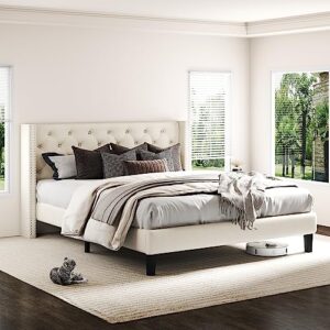lonkwa queen size bed frame with upholstered wingback, beige platform bed frame with headboard tufted diamond button, sturdy wooden slats, noise-free, easy assembly