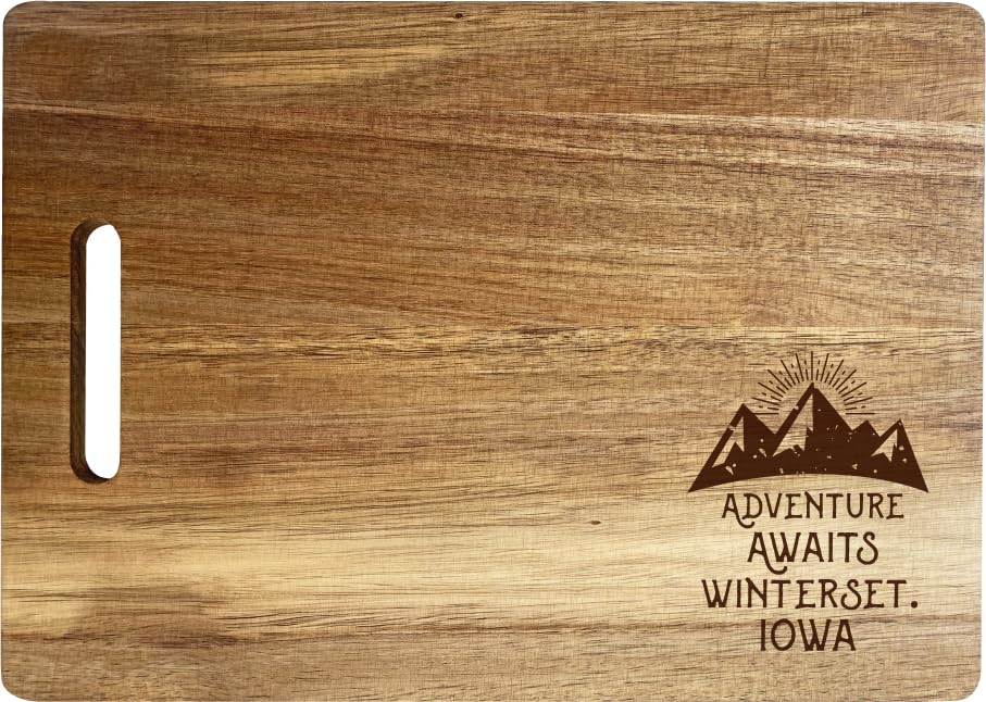 Winterset. Iowa Camping Souvenir Engraved Wooden Cutting Board 14" x 10" Acacia Wood Adventure Awaits Design