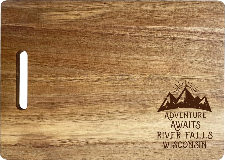 River Falls Wisconsin Camping Souvenir Engraved Wooden Cutting Board 14" x 10" Acacia Wood Adventure Awaits Design