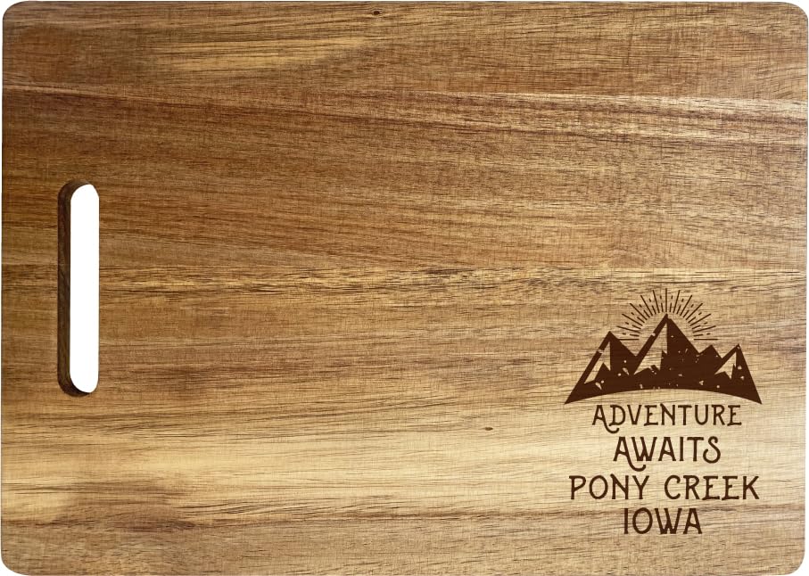 Pony Creek Iowa Camping Souvenir Engraved Wooden Cutting Board 14" x 10" Acacia Wood Adventure Awaits Design