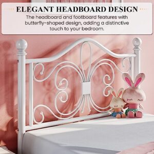 SHA CERLIN Twin Size Bed Frame for Kids,Metal Bed Frame with Butterfly Pattern Design Headboard & Footboard,No Box Spring Needed,Easy Assembly,White