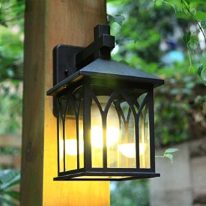 PEHUB European Unique Black Metal Aluminum Outdoor Wall Light Sconce Vintage High Brightness E27 1-Head LED Glass Wall Lamp Balcony Terrace Patio Wall-Mounted Safety Lighting Fixture Exterior Light Fi