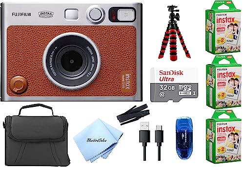 Fujifilm Instax Mini EVO Hybrid Camera (Brown) Bundle with 60 Instant Film Sheets + 32GB Memory Card + Small Padded Case + SD Card Reader + Flex Tripod + BluebirdSales Microfiber Cleaning Cloth