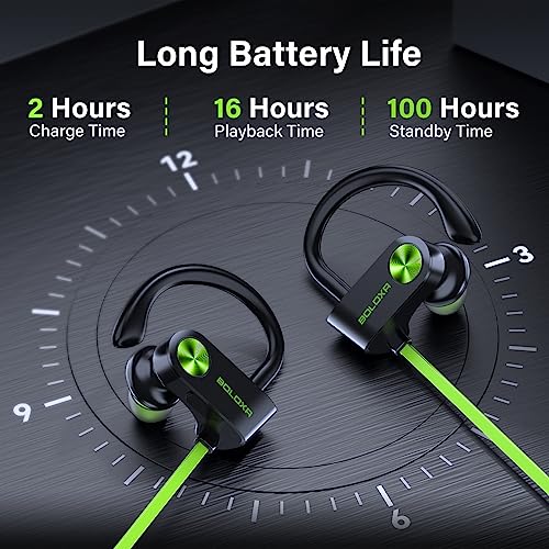 BOLOXA Bluetooth Headphones 5.3 Wireless Earbuds IPX7 Waterproof & 16Hrs Long Battery Over-Ear Stereo Bass Earphones with Earhooks Running Headset with Mic & Storage Bag for Workout Gym Sports Black