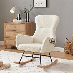 recaceik rocking chair, modern teddy fabric rocker glider chair with high backrest and armrest, comfy side chair bedroom living room chair armchair, 2 handy pockets, metal frame, wood leg(beige)