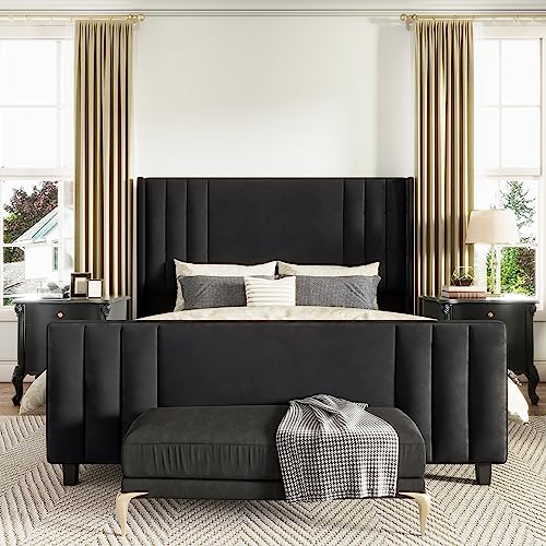 AMERLIFE King Size Bed Frame, Velvet Upholstered Platform Bed with Vertical Channel Tufted Headboard & Footboard/Wingback, Mattress Foundation with Wood Slats, No Box Spring Needed, Black