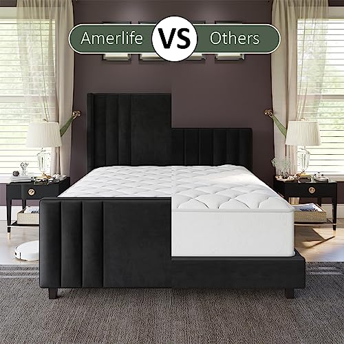 AMERLIFE King Size Bed Frame, Velvet Upholstered Platform Bed with Vertical Channel Tufted Headboard & Footboard/Wingback, Mattress Foundation with Wood Slats, No Box Spring Needed, Black