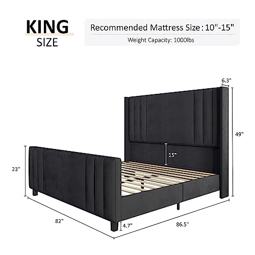 AMERLIFE King Size Bed Frame, Velvet Upholstered Platform Bed with Vertical Channel Tufted Headboard & Footboard/Wingback, Mattress Foundation with Wood Slats, No Box Spring Needed, Black