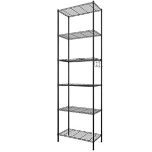 himimi 6-tier wire shelving unit, adjustable metal storage rack with wire shelves, versatile wire shelving rack for tall and narrow storage, steel storage shelves for organization & side hooks, black