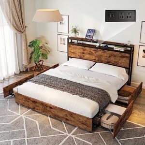 luxoak king size bed frame with 4 storage drawers, wooden platform bed with 2-tires storage headboard and charging station, noise free/no box spring needed/rustic brown