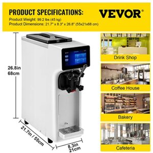 VEVOR Commercial Ice Cream Maker, 10-20L/H Yield, 1000W Countertop Soft Serve Machine with 4.5L Hopper 1.6L Cylinder Touch Screen Puffing Shortage Alarm, Frozen Yogurt Maker for Café Snack Bar, White