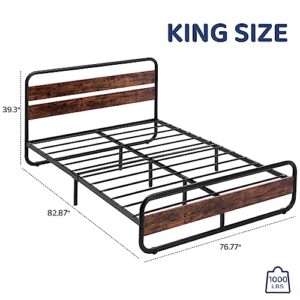 HOMFAMILIA LED King Size Metal Bed Frame with Wooden Headboard & Footboard, Heavy-Duty Metal Oval-Shaped Platform Bed Frame w/LED Lights & Under-Bed Storage, Noise Free, No Box Spring Needed, Brown