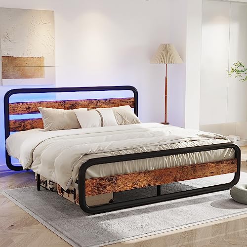 HOMFAMILIA LED Queen Size Metal Bed Frame with Wooden Headboard & Footboard, Heavy-Duty Metal Oval-Shaped Platform Bed Frame w/LED Lights & Under-Bed Storage, Noise Free, No Box Spring Needed, Brown