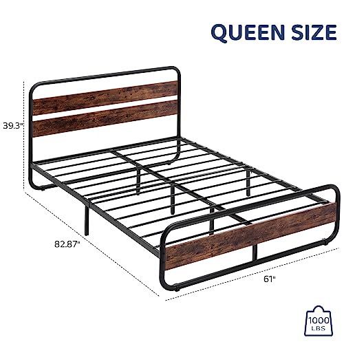 HOMFAMILIA LED Queen Size Metal Bed Frame with Wooden Headboard & Footboard, Heavy-Duty Metal Oval-Shaped Platform Bed Frame w/LED Lights & Under-Bed Storage, Noise Free, No Box Spring Needed, Brown