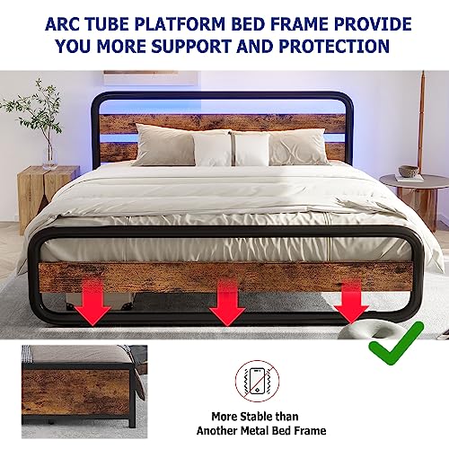 HOMFAMILIA LED Queen Size Metal Bed Frame with Wooden Headboard & Footboard, Heavy-Duty Metal Oval-Shaped Platform Bed Frame w/LED Lights & Under-Bed Storage, Noise Free, No Box Spring Needed, Brown