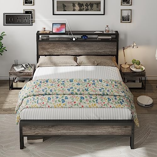 AMERLIFE Queen Size Bed Frame Industrial Platform Bed with Charging Station, 2-Tier Storage Headboard/No Box Spring Needed/Noise-Free/Rustic Grey