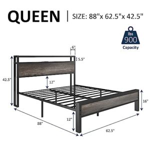 AMERLIFE Queen Size Bed Frame Industrial Platform Bed with Charging Station, 2-Tier Storage Headboard/No Box Spring Needed/Noise-Free/Rustic Grey