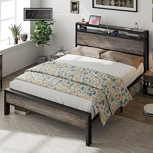AMERLIFE Queen Size Bed Frame Industrial Platform Bed with Charging Station, 2-Tier Storage Headboard/No Box Spring Needed/Noise-Free/Rustic Grey