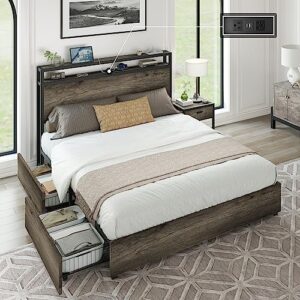 amerlife queen size storage bed frame, wooden platform bed with charging station, 4 drawers & headboard/no box spring needed/noise-free/rustic grey