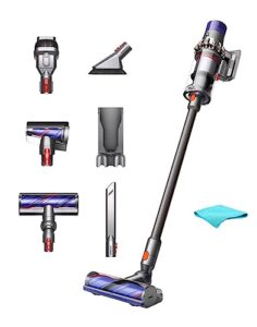 dyson cyclone v10 animal cordless stick vacuum cleaner, whole machine filtration, wall mounted, up to 60 min runtime, rechargeable battery, 2-year warranty, iron, with 5ave microfiber cloth