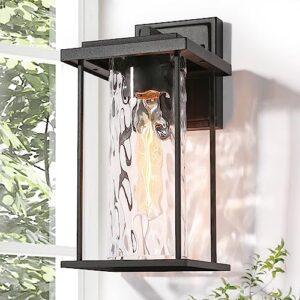 black outdoor wall lights, farmhouse exterior wall sconces light fixture with cylindrical water ripple glass shade, modern waterproof lanterns for front door, entry, porch, patio, and gazebo