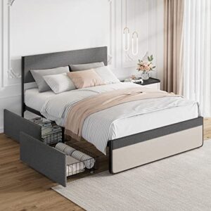 amyove queen size bed frame with 2 storage drawers, grey queen platform upholstered bed frame with headboard, mattress foundation with steel slats support, no box spring needed (queen)