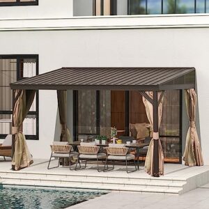 domi 12x14ft lean to gazebo, hardtop wall mounted gazebo with sloping galvanized steel roof, wall pergola with aluminum frame, curtains and netting, for patio, deck, garden, backyard