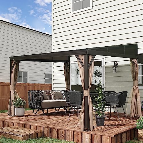 Domi 12x14FT Lean to Gazebo, Hardtop Wall Mounted Gazebo with Sloping Galvanized Steel Roof, Wall Pergola with Aluminum Frame, Curtains and Netting, for Patio, Deck, Garden, Backyard