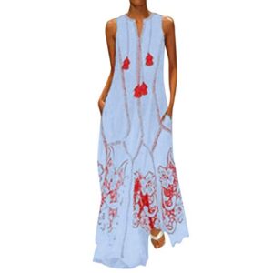 womens sundress long women vintage daily casual sleeveless cotton-blend printed floral daily wear dresses for women blue