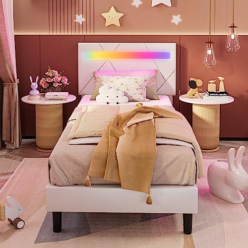 LIKIMIO Twin Bed Frame with LED Lights(Smart APP Control), PU Leather Upholstered Platform Bed with Headboard, No Box Spring Needed/Noise-Free/Easy Assembly, White