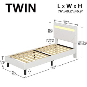 LIKIMIO Twin Bed Frame with LED Lights(Smart APP Control), PU Leather Upholstered Platform Bed with Headboard, No Box Spring Needed/Noise-Free/Easy Assembly, White