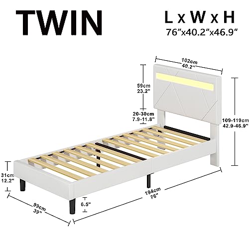 LIKIMIO Twin Bed Frame with LED Lights(Smart APP Control), PU Leather Upholstered Platform Bed with Headboard, No Box Spring Needed/Noise-Free/Easy Assembly, White