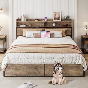ironck king size bed frame, bookcase headboard with charging station, platform storage bed, solid and stable, noise free, no box spring needed, rustic maple