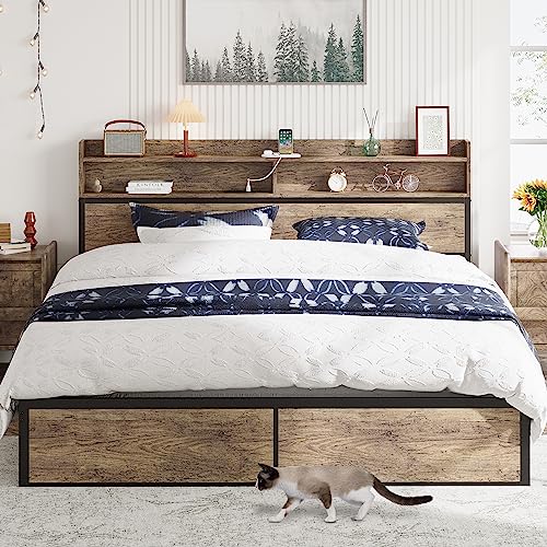 IRONCK King Size Bed Frame, Bookcase Headboard with Charging Station, Platform Storage Bed, Solid and Stable, Noise Free, No Box Spring Needed, Rustic Maple
