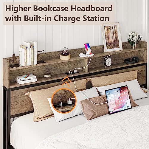 IRONCK King Size Bed Frame, Bookcase Headboard with Charging Station, Platform Storage Bed, Solid and Stable, Noise Free, No Box Spring Needed, Rustic Maple
