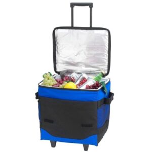 moxac capacity of 60 cans can be folded insulation roller fresh box - royal blue, the telescoping handle and wheels make it easy to transport.