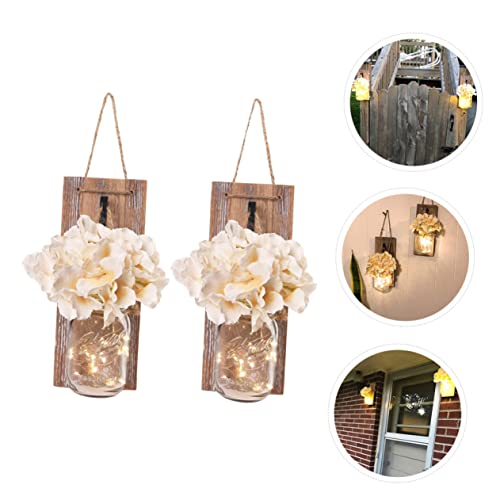 Housoutil Decorative Wood Panel Lights Table Top Decor Outdoor Wall Light Outdoor Candle Solar Powered Jar Lights Wall Art Mason Jar Lights Rustic Sconces Retro Wall Lamp Wall Hanging Light